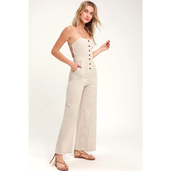 Lulus Pants - Lulus Beach Day Backless Jumpsuit Beige Womens S Cotton/Linen Wide Leg Bohemian
